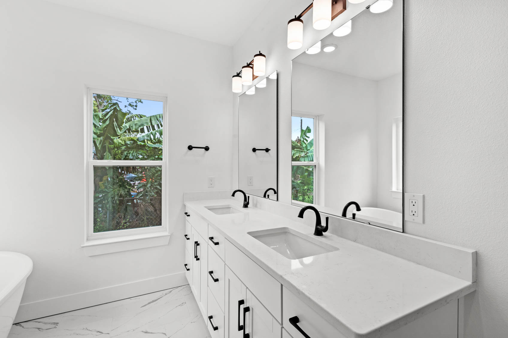 bathroom with white dual sink cabinet